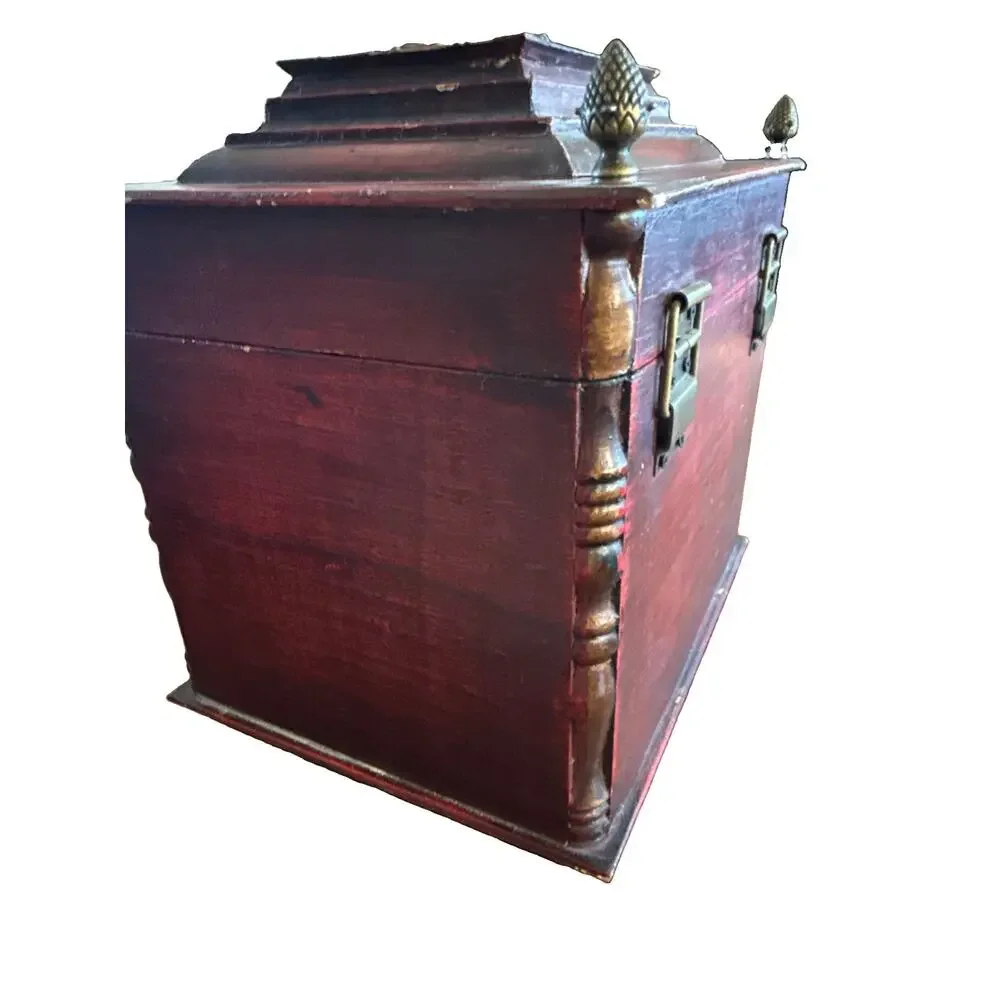 Vintage Red Wooden Keepsake Box Brass Handle Acorn Finials Lined 9in X 9in X 7in